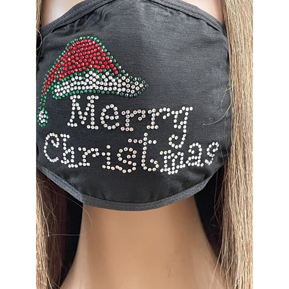 Christmas Face Mask Bling Merry Christmas With Santa Hat Rhinestone - Picture 8 of 9